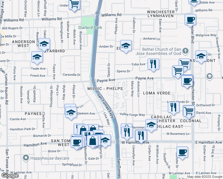 map of restaurants, bars, coffee shops, grocery stores, and more near 1335 Phelps Avenue in San Jose