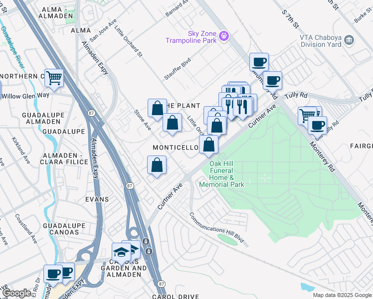map of restaurants, bars, coffee shops, grocery stores, and more near 2178 Monticello Avenue in San Jose