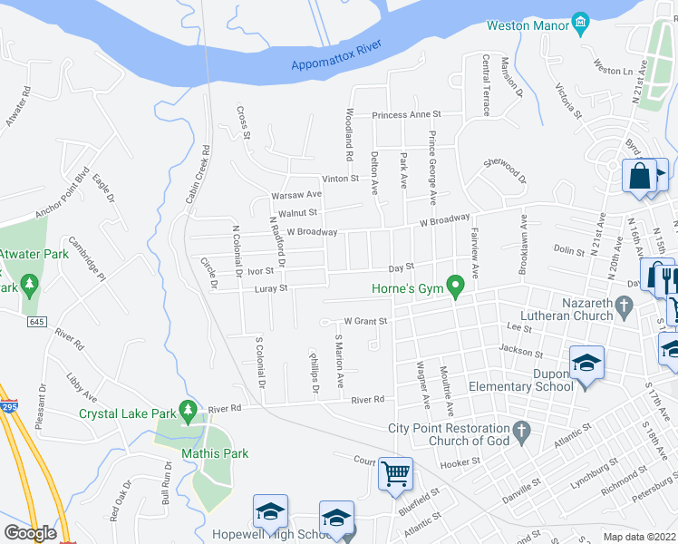 map of restaurants, bars, coffee shops, grocery stores, and more near 3205 Day Street in Hopewell