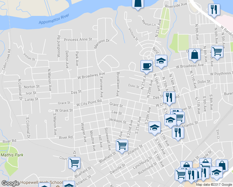 map of restaurants, bars, coffee shops, grocery stores, and more near 100 Brooklawn Avenue in Hopewell