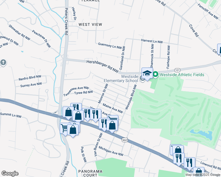 map of restaurants, bars, coffee shops, grocery stores, and more near 4031 Kentucky Avenue Northwest in Roanoke
