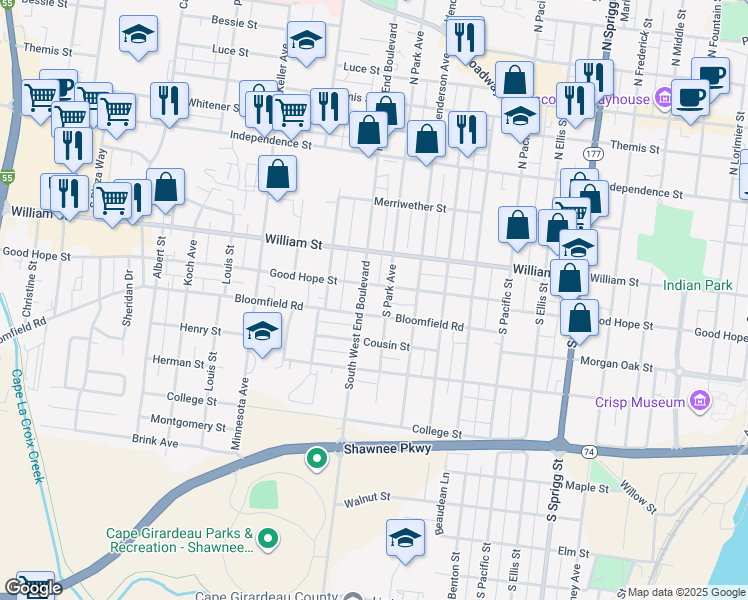 map of restaurants, bars, coffee shops, grocery stores, and more near 322 South West End Boulevard in Cape Girardeau