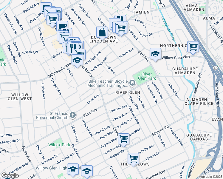 map of restaurants, bars, coffee shops, grocery stores, and more near 1034 Louise Avenue in San Jose