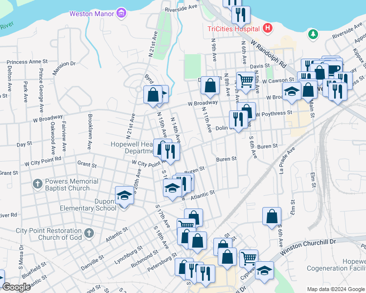 map of restaurants, bars, coffee shops, grocery stores, and more near 103 North 14th Avenue in Hopewell