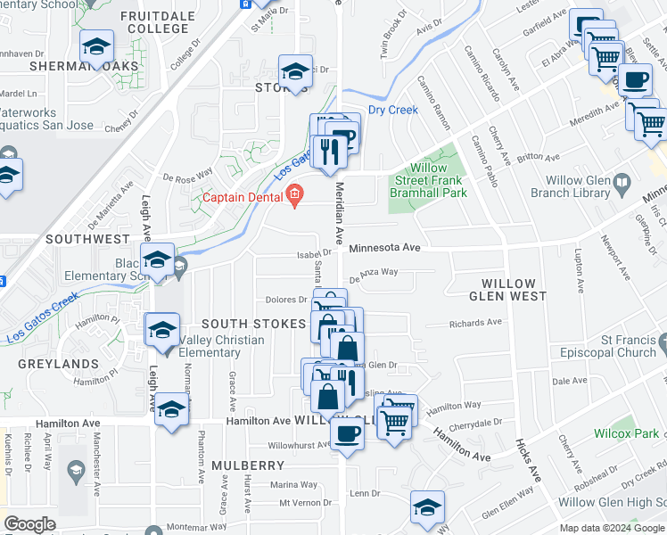 map of restaurants, bars, coffee shops, grocery stores, and more near 1421 Meridian Avenue in San Jose