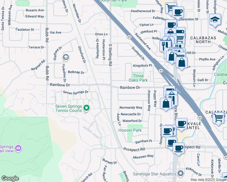 map of restaurants, bars, coffee shops, grocery stores, and more near 1270 South Stelling Road in Cupertino