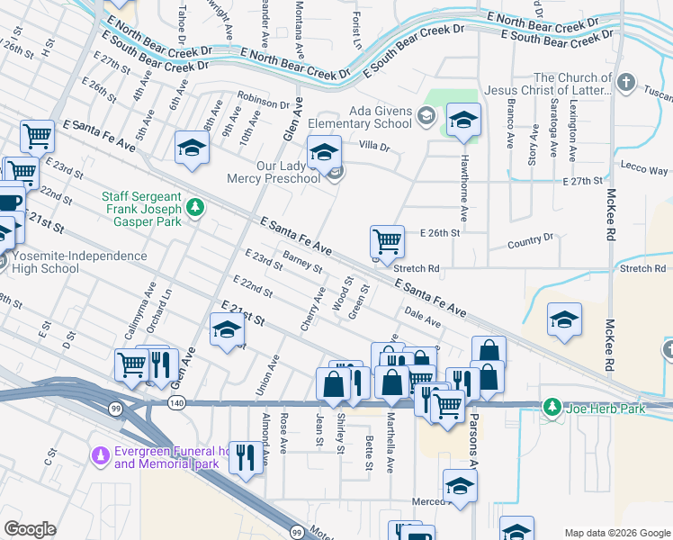 map of restaurants, bars, coffee shops, grocery stores, and more near 1440 East Santa Fe Avenue in Merced