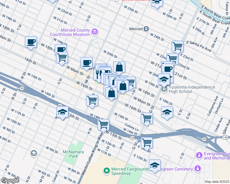 map of restaurants, bars, coffee shops, grocery stores, and more near 350 West Main Street in Merced