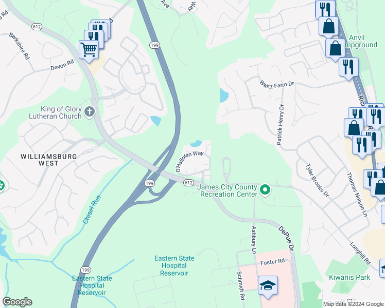 map of restaurants, bars, coffee shops, grocery stores, and more near O'Halloran Way in Williamsburg