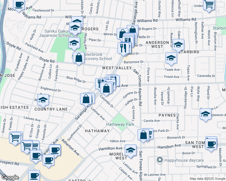 map of restaurants, bars, coffee shops, grocery stores, and more near 1320 Saratoga Avenue in San Jose