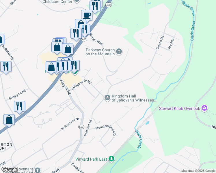 map of restaurants, bars, coffee shops, grocery stores, and more near 3596-3602 Belle Avenue Northeast in Roanoke
