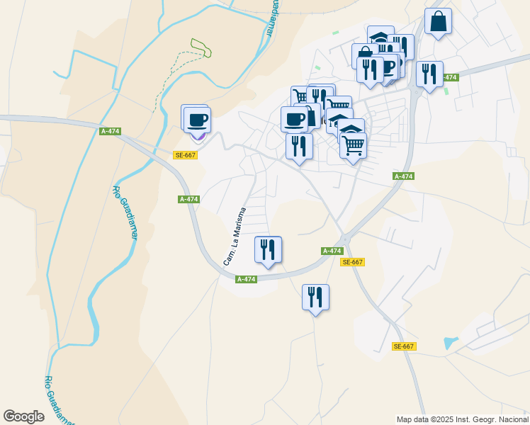 map of restaurants, bars, coffee shops, grocery stores, and more near Calle Rincon del Pescador in Aznalcázar