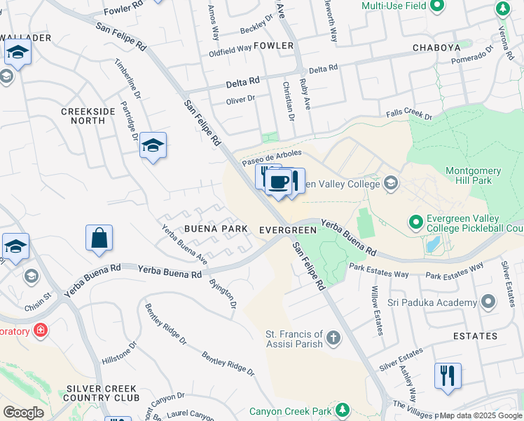 map of restaurants, bars, coffee shops, grocery stores, and more near 4855 San Felipe Road in San Jose