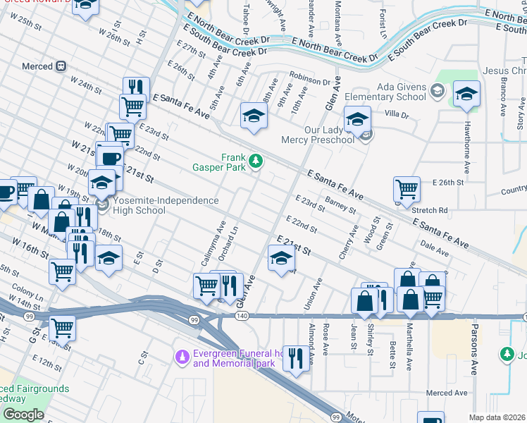 map of restaurants, bars, coffee shops, grocery stores, and more near 540 East 22nd Street in Merced