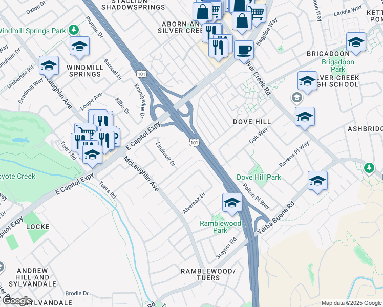map of restaurants, bars, coffee shops, grocery stores, and more near 1337 Isengard Court in San Jose