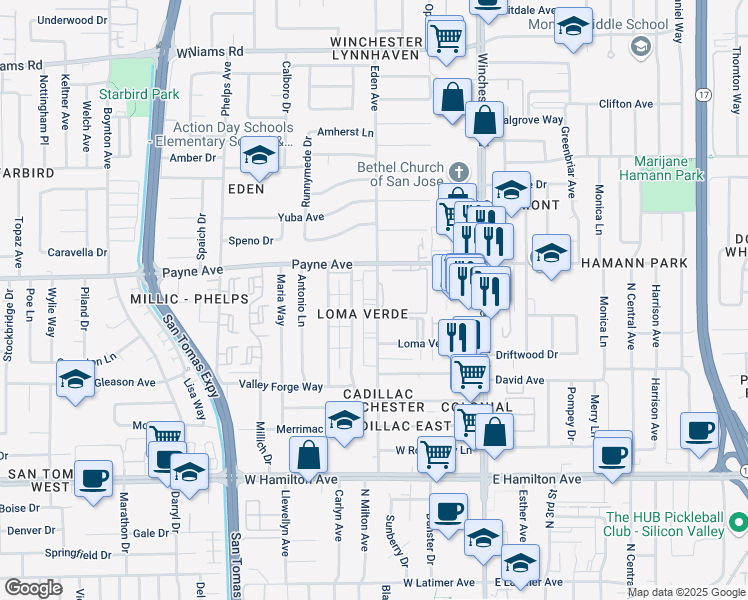 map of restaurants, bars, coffee shops, grocery stores, and more near 55 Eden Avenue in San Jose