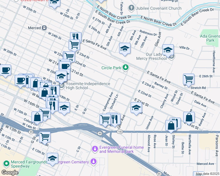 map of restaurants, bars, coffee shops, grocery stores, and more near 2120 Calimyrna Avenue in Merced