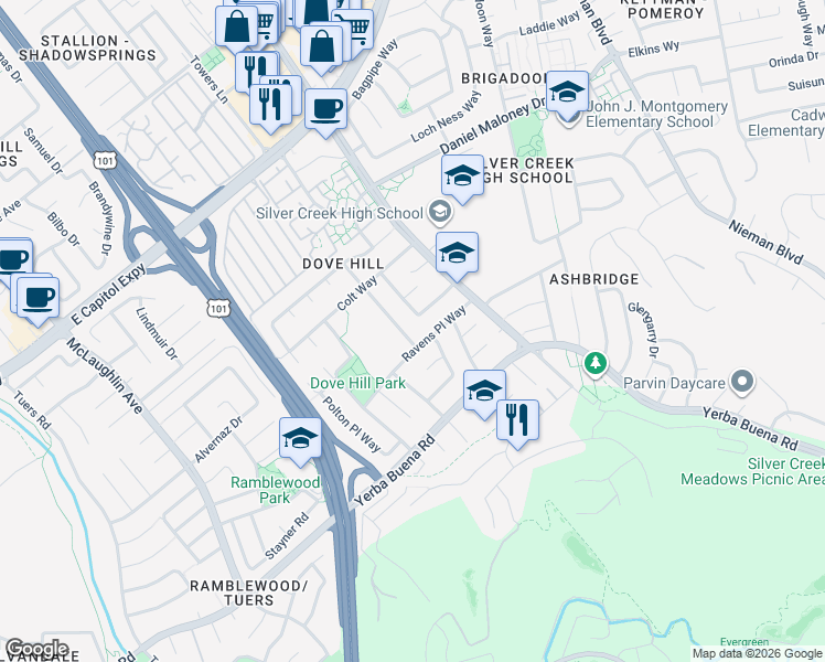 map of restaurants, bars, coffee shops, grocery stores, and more near 3742 Carick Place Way in San Jose
