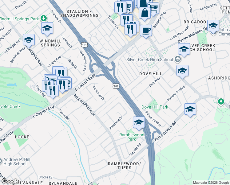 map of restaurants, bars, coffee shops, grocery stores, and more near 1337 Isengard Court in San Jose