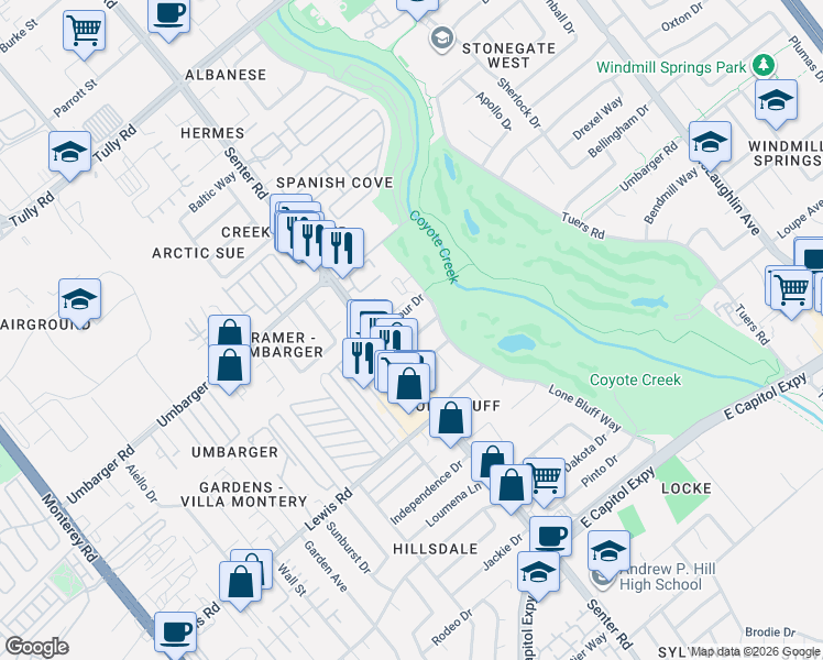 map of restaurants, bars, coffee shops, grocery stores, and more near 638 Balfour Drive in San Jose