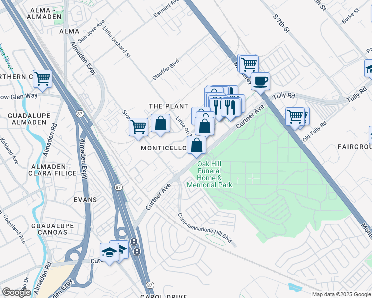 map of restaurants, bars, coffee shops, grocery stores, and more near 279 Monticello Avenue in San Jose