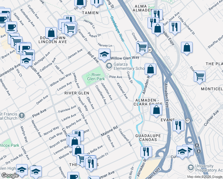 map of restaurants, bars, coffee shops, grocery stores, and more near 1820 Johnston Avenue in San Jose