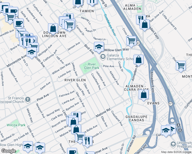 map of restaurants, bars, coffee shops, grocery stores, and more near 1743 Coastland Avenue in San Jose