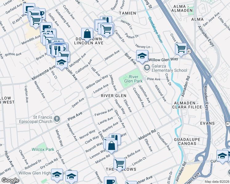 map of restaurants, bars, coffee shops, grocery stores, and more near 1679 Juanita Avenue in San Jose