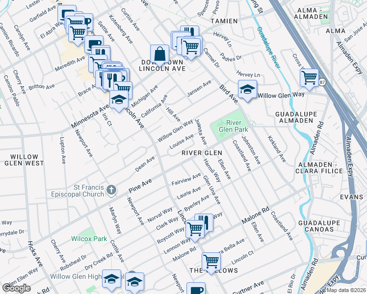 map of restaurants, bars, coffee shops, grocery stores, and more near 994 Louise Avenue in San Jose