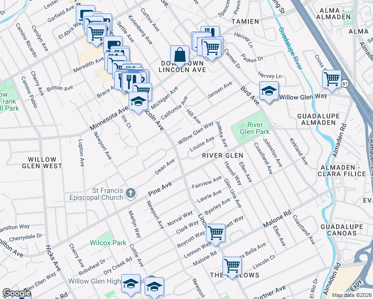 map of restaurants, bars, coffee shops, grocery stores, and more near 1055 Louise Avenue in San Jose