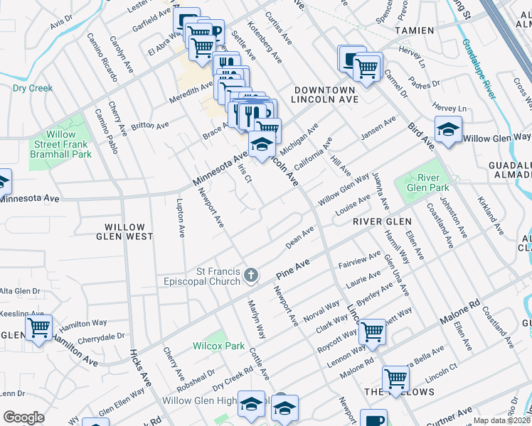 map of restaurants, bars, coffee shops, grocery stores, and more near 1137 Nevada Avenue in San Jose