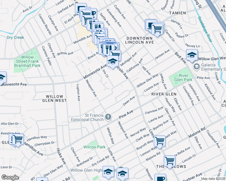 map of restaurants, bars, coffee shops, grocery stores, and more near 1137 Nevada Avenue in San Jose