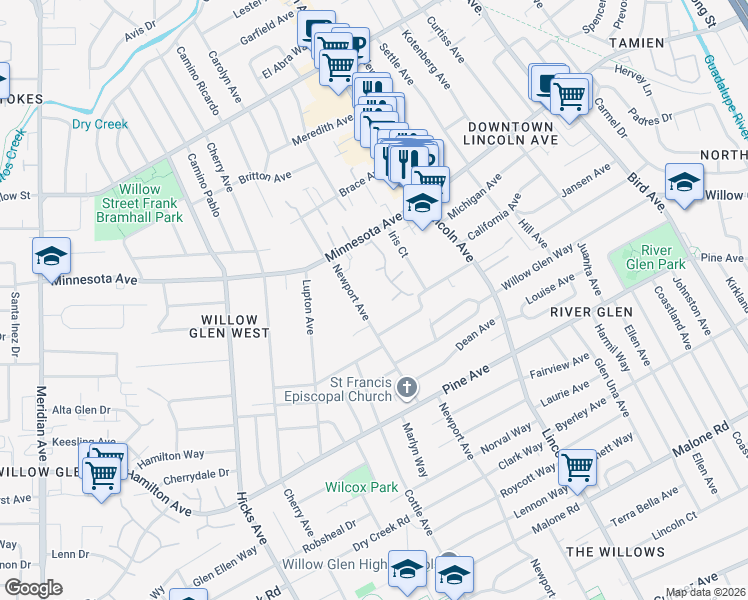 map of restaurants, bars, coffee shops, grocery stores, and more near 1499 Glenpine Drive in San Jose