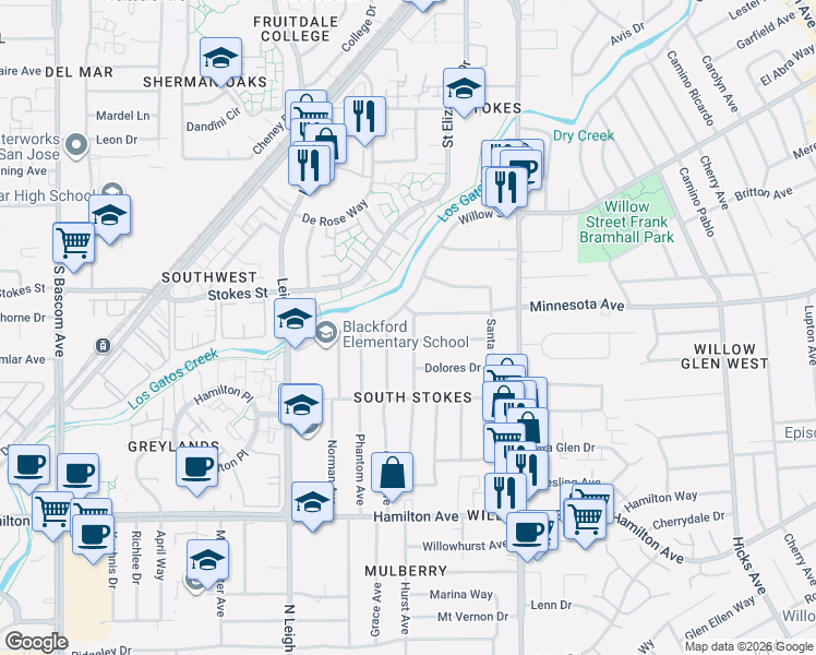 map of restaurants, bars, coffee shops, grocery stores, and more near 1826 Willow Street in San Jose