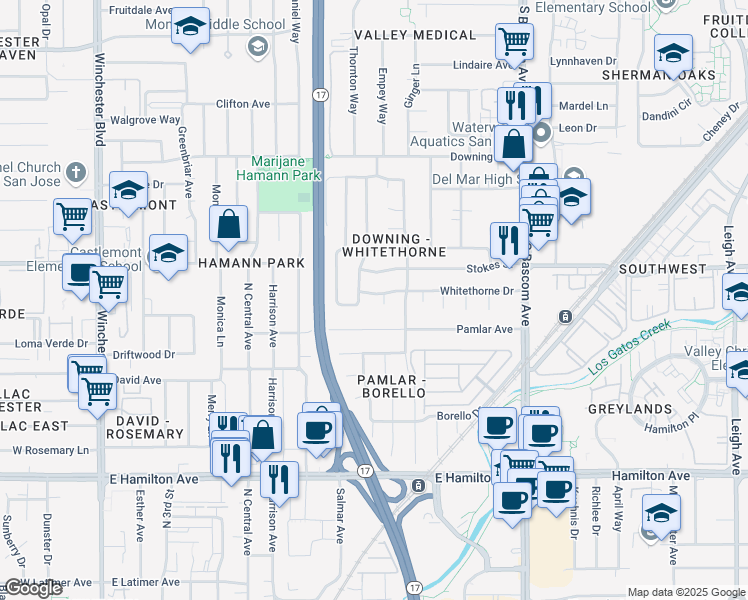 map of restaurants, bars, coffee shops, grocery stores, and more near 2493 Whitethorne Drive in San Jose