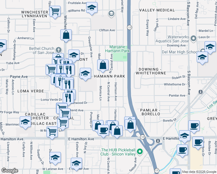 map of restaurants, bars, coffee shops, grocery stores, and more near 931 North Central Avenue in Campbell