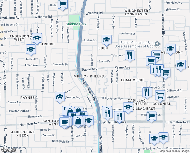 map of restaurants, bars, coffee shops, grocery stores, and more near 1337 Phelps Avenue in San Jose