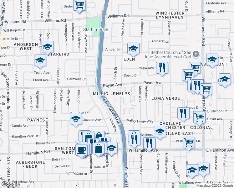 map of restaurants, bars, coffee shops, grocery stores, and more near 1337 Phelps Avenue in San Jose