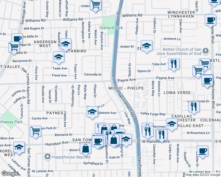 map of restaurants, bars, coffee shops, grocery stores, and more near in San Jose