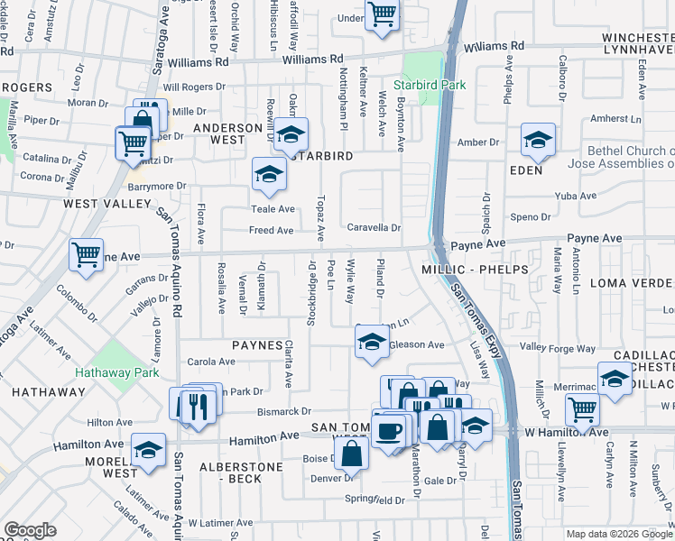 map of restaurants, bars, coffee shops, grocery stores, and more near 1311 Poe Lane in San Jose