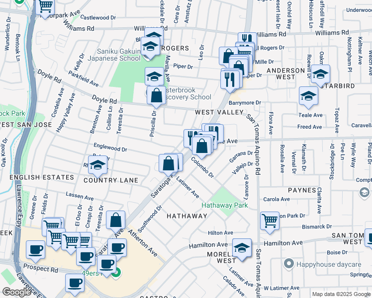 map of restaurants, bars, coffee shops, grocery stores, and more near 1318 Burkette Drive in San Jose
