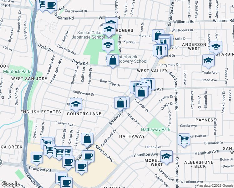 map of restaurants, bars, coffee shops, grocery stores, and more near 4655 Clarendon Drive in San Jose