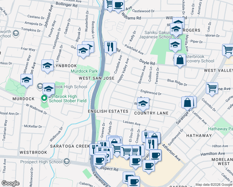 map of restaurants, bars, coffee shops, grocery stores, and more near 5215 Bela Drive in San Jose