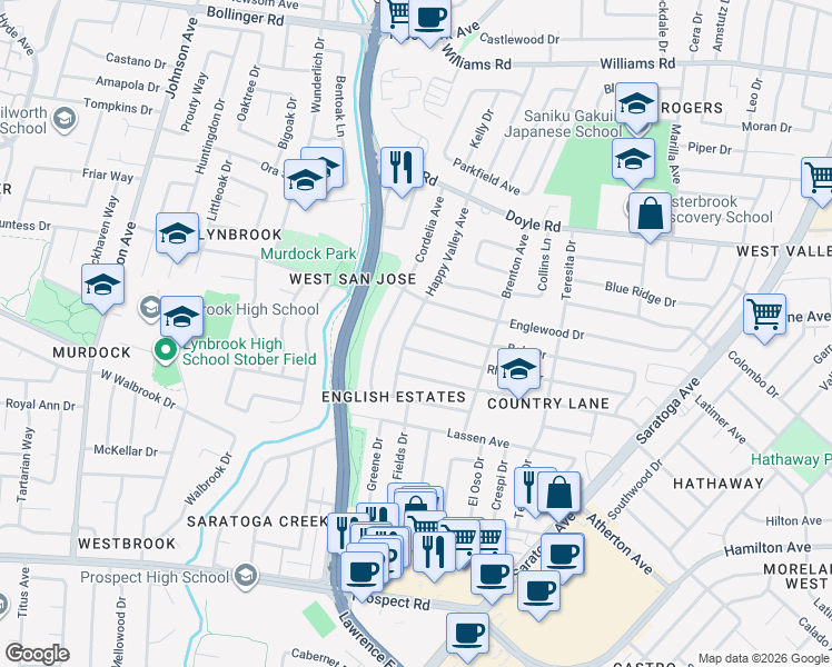 map of restaurants, bars, coffee shops, grocery stores, and more near 1325 Happy Valley Avenue in San Jose