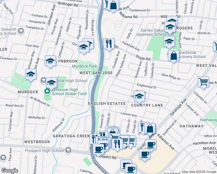 map of restaurants, bars, coffee shops, grocery stores, and more near 1325 Happy Valley Avenue in San Jose