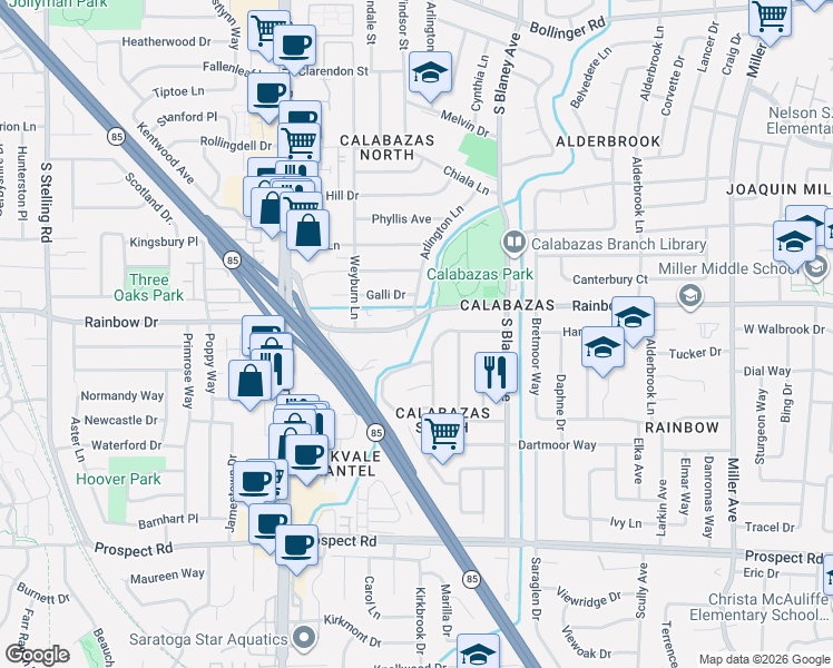 map of restaurants, bars, coffee shops, grocery stores, and more near 6925 Westmoor Way in San Jose