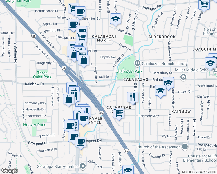 map of restaurants, bars, coffee shops, grocery stores, and more near 7101 Rainbow Drive in San Jose