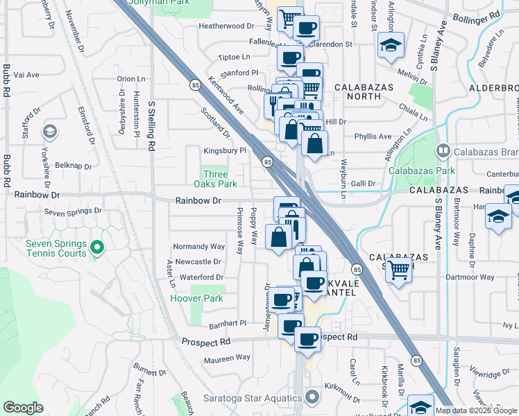 map of restaurants, bars, coffee shops, grocery stores, and more near 1255 Poppy Way in Cupertino