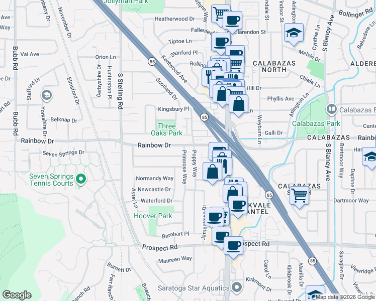 map of restaurants, bars, coffee shops, grocery stores, and more near 1255 Poppy Way in Cupertino