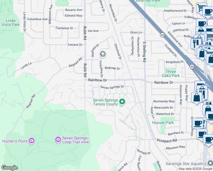 map of restaurants, bars, coffee shops, grocery stores, and more near 11519 Rock Spring Court in Cupertino